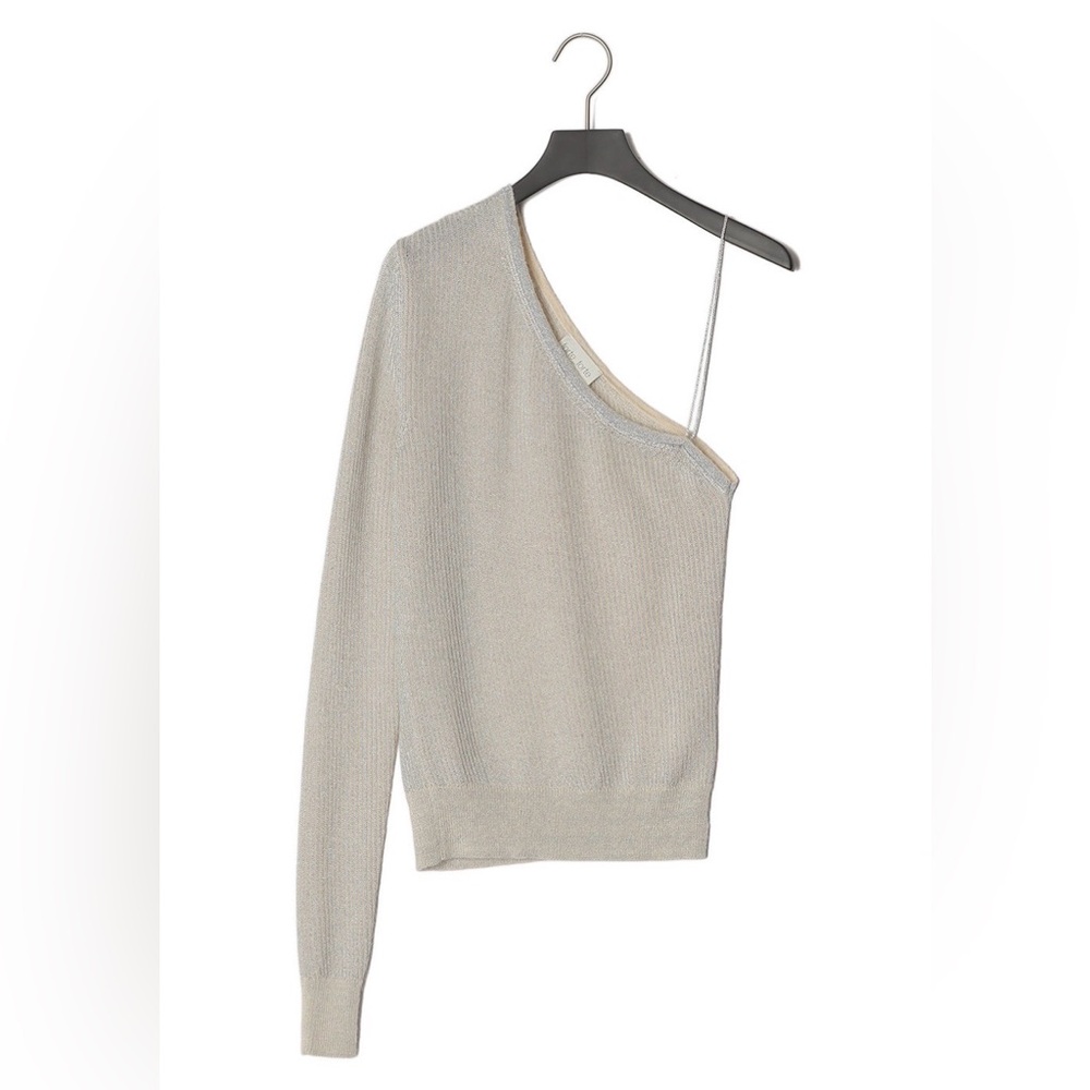 Forte_Forte Knit Silver Shimmer Mohair Ribbed One Shoulder Sweater
